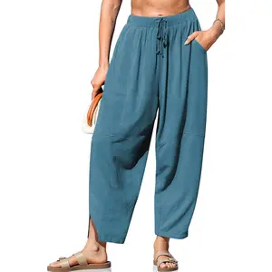 Women's Linen Harem Pants Casual Loose Fit Wide Leg Cropped Lightweight Drawstring Elastic Waist Pants with PocketsAB20Lumora Living