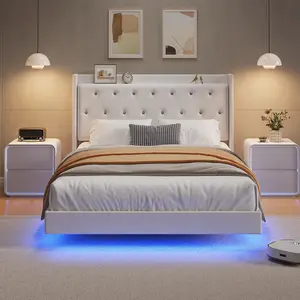 Full/Queen Size Bed Frame w/ LED Lights, Floating Bed with Velvet Upholstered Storage Headboard for Apartment Bedroom, No Box Spring Needed, Noise Free
