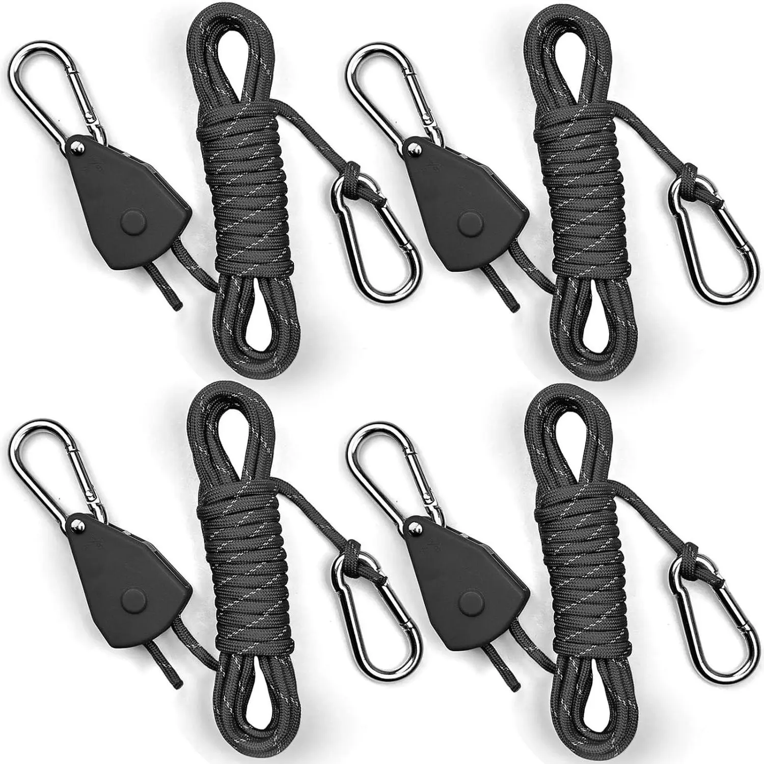 15ft Reflective Paracord Ratchet Tie Down Straps, 1/8 inch Adjustable Camping Rope Tensioner with Paracord Adjusters for Tents, Tarps, Grow Lights, BlackGift
