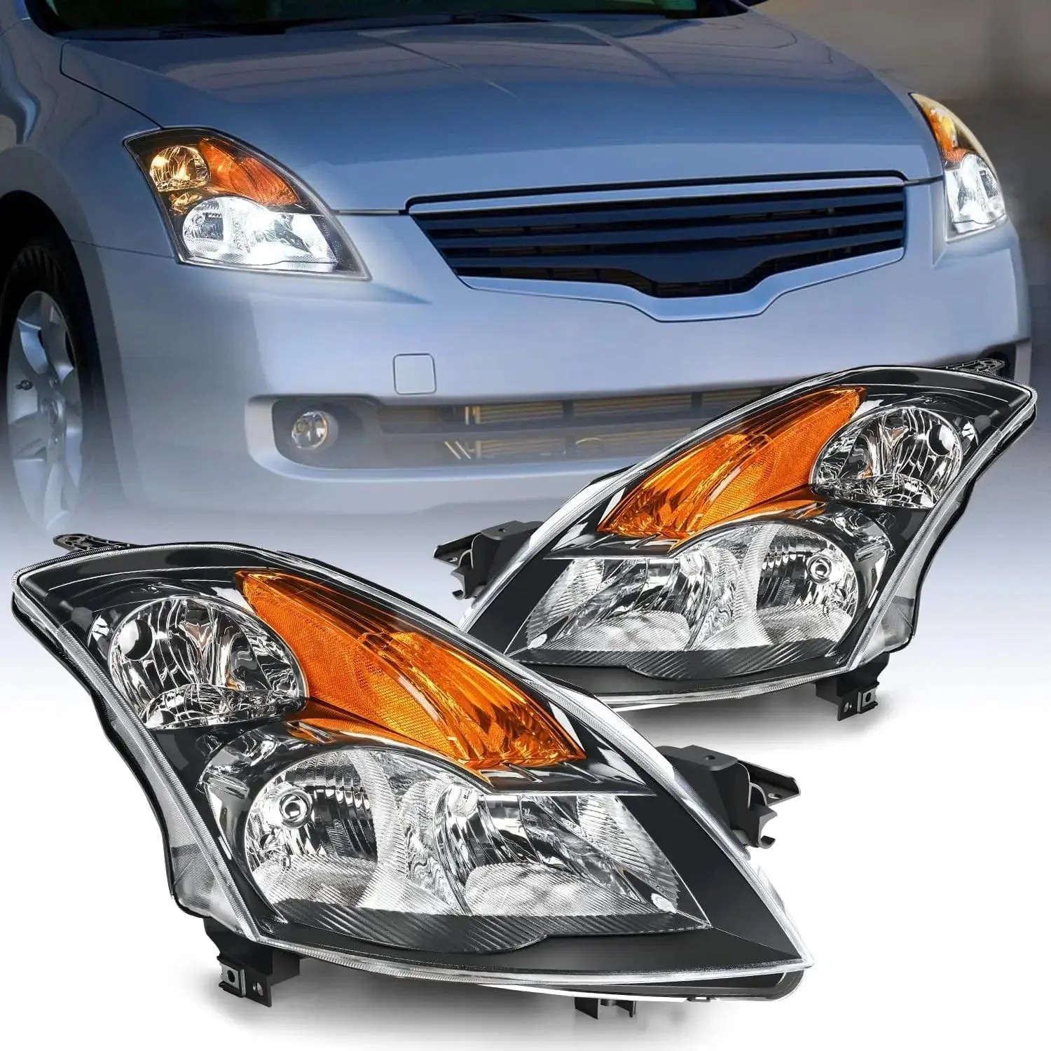 Nilight 2007 2008 2009 Nissan Altima 4Dr Sedan Headlight Assembly Black Housing Amber Reflector Clear Lens