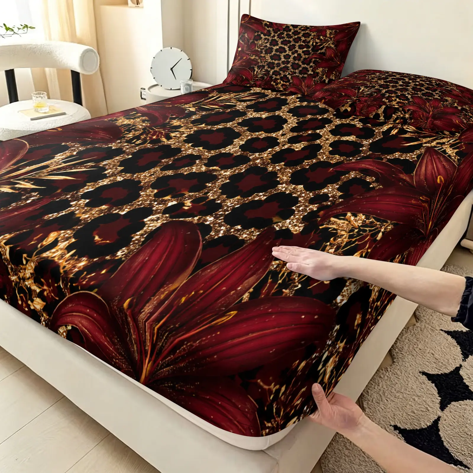 3-piece wine red gold leopard print lily flower printed bedding set, with 25cm deep pockets, including 1 bedspread and 2 pillowcases (without filling material), suitable as a holiday gift for friends, applicable for bedrooms, guest rooms, dormitories