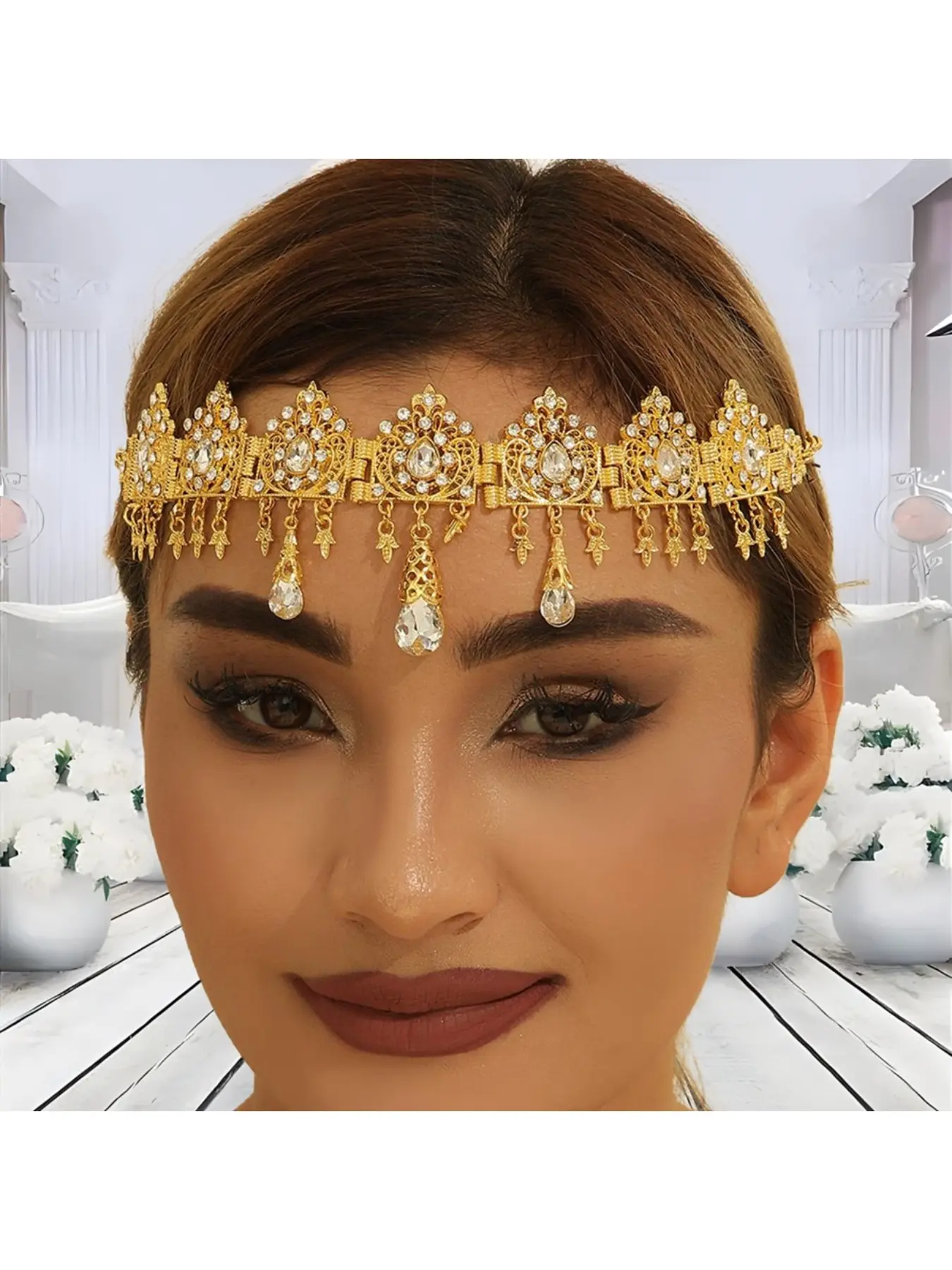 Middle Eastern bride headpiece fashion elegant gold alloy openwork filigree diamond-encrusted teardrop crystal fringe head chain Bridal Headpiece