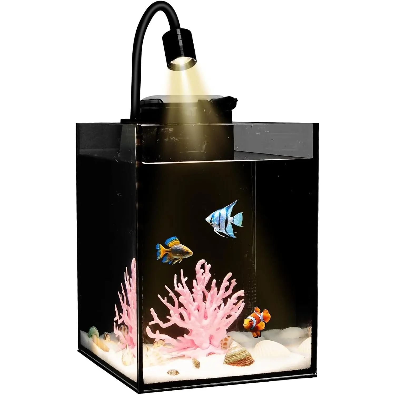 Desktop Aquarium Mini Tank Kit 1.2 Gallon Rimless Cube with Filter LED Spotlight Black Background Glass Construction Pipette for Betta Fish Guppies Tetras