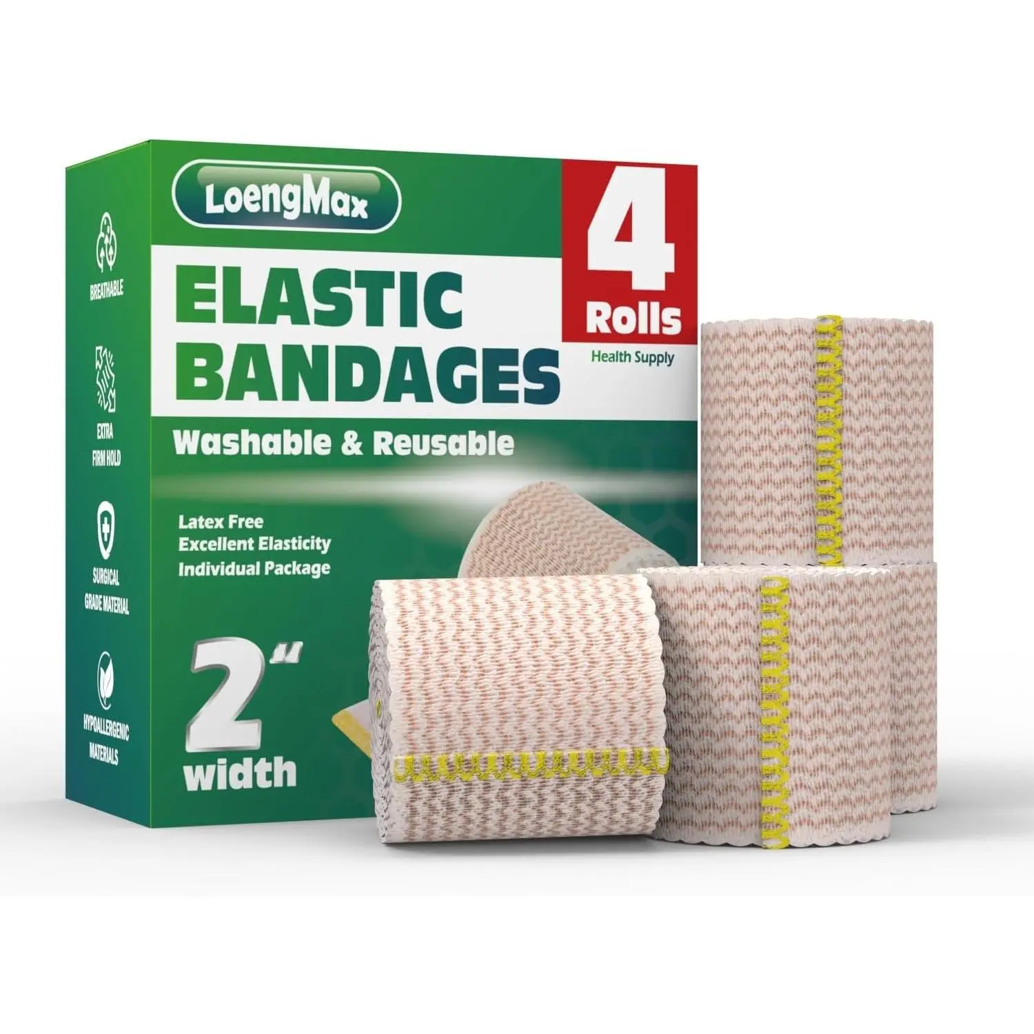 Elastic Bandage Wrap 2” Wide, 4 Pack | High-Performance Compression Bandage Wrap | Reusable | Excellent Elasticity for Legs, Ankle, Knee, Tummy, Body, Wrist | Sports & Outdoors (4 Pack)