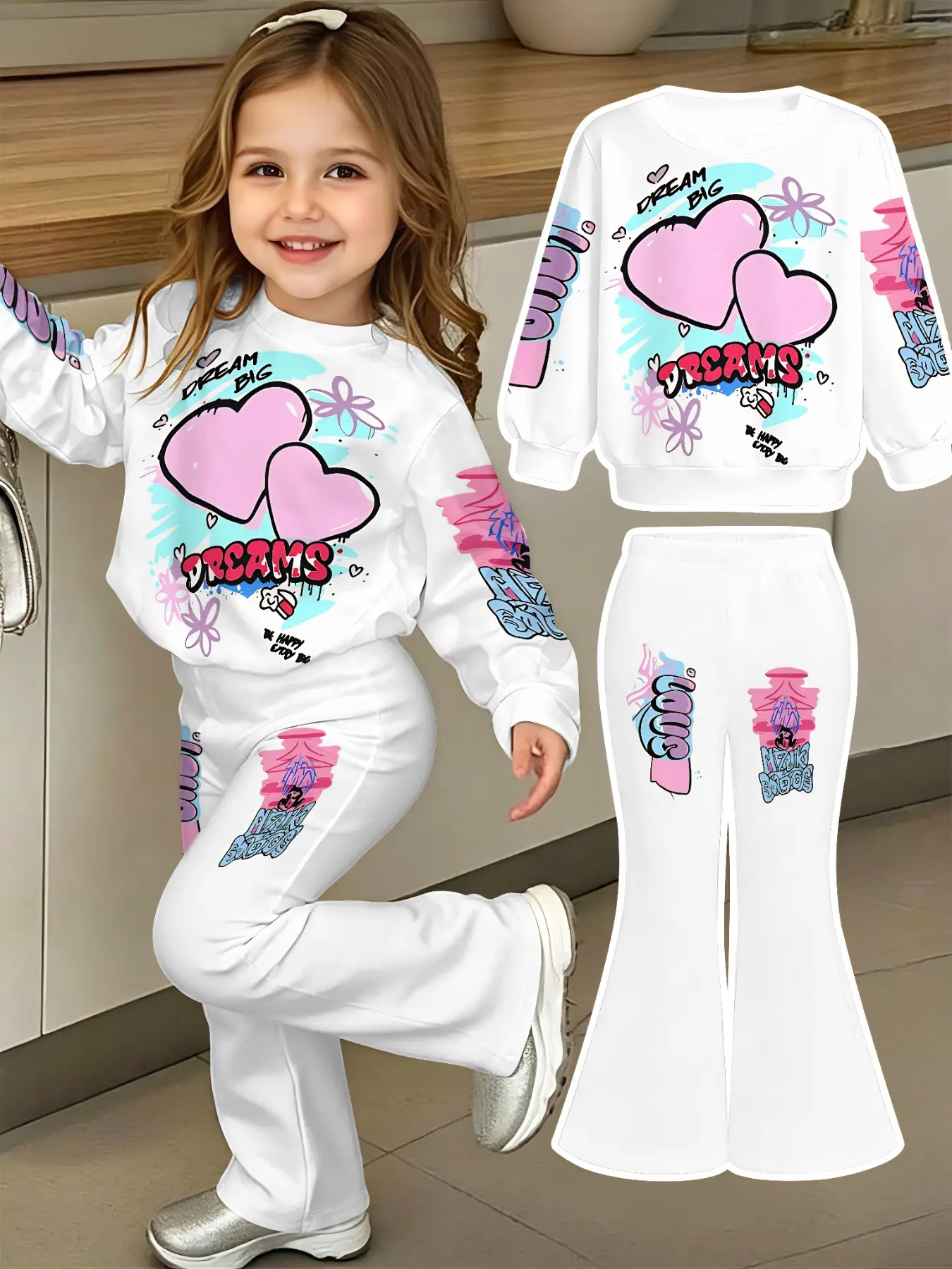 Little Girls Y2K Style Pink Heart Graphic Long Sleeve Top Bell Bottom Trousers Two-piece Outfit, Snug Loose Tracksuit Ideal for School and Weekend Hangouts