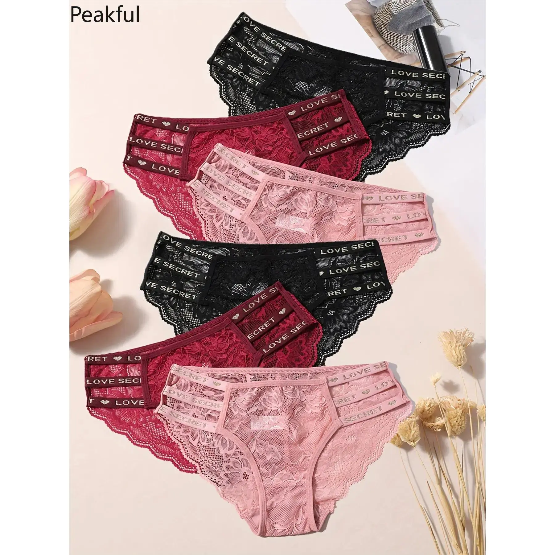 Floral Lace Low-Rise Panties for Women, Semi-Transparent Lace Belted Underwear with Love & Secret Letter Details, Sexy Chic Everyday Briefs for Casual & Date Night Style