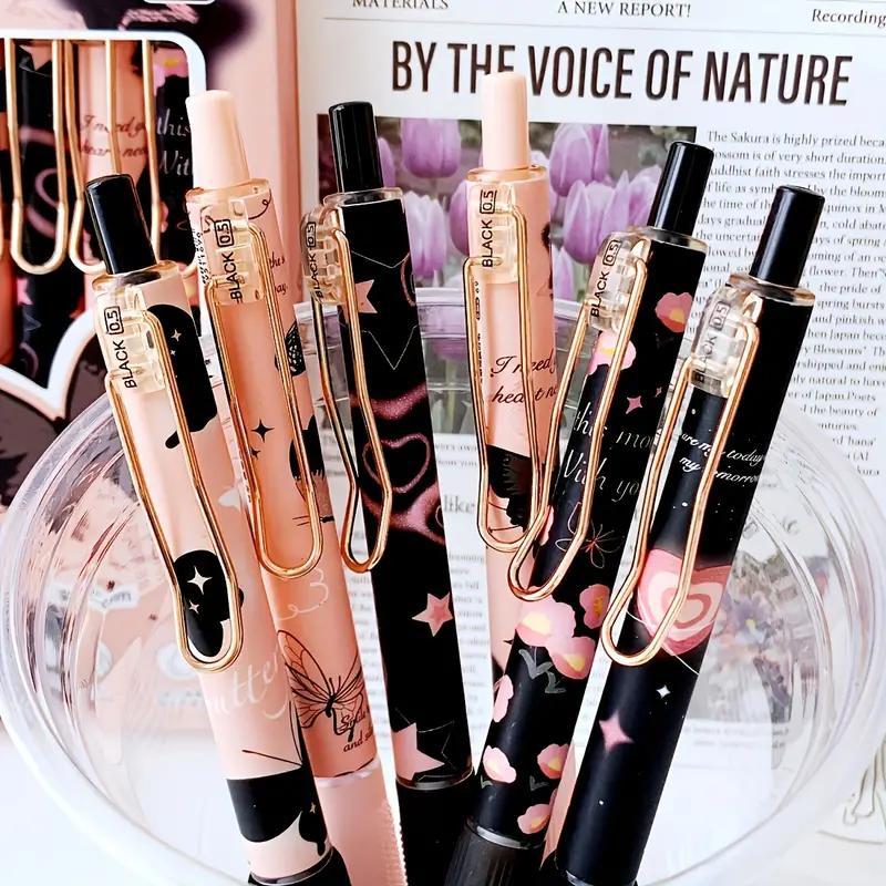 Butterfly Design Gel Pen, 6 Counts/set Black Ink Retractable Gel Pen, Writing Pen for Office School Student