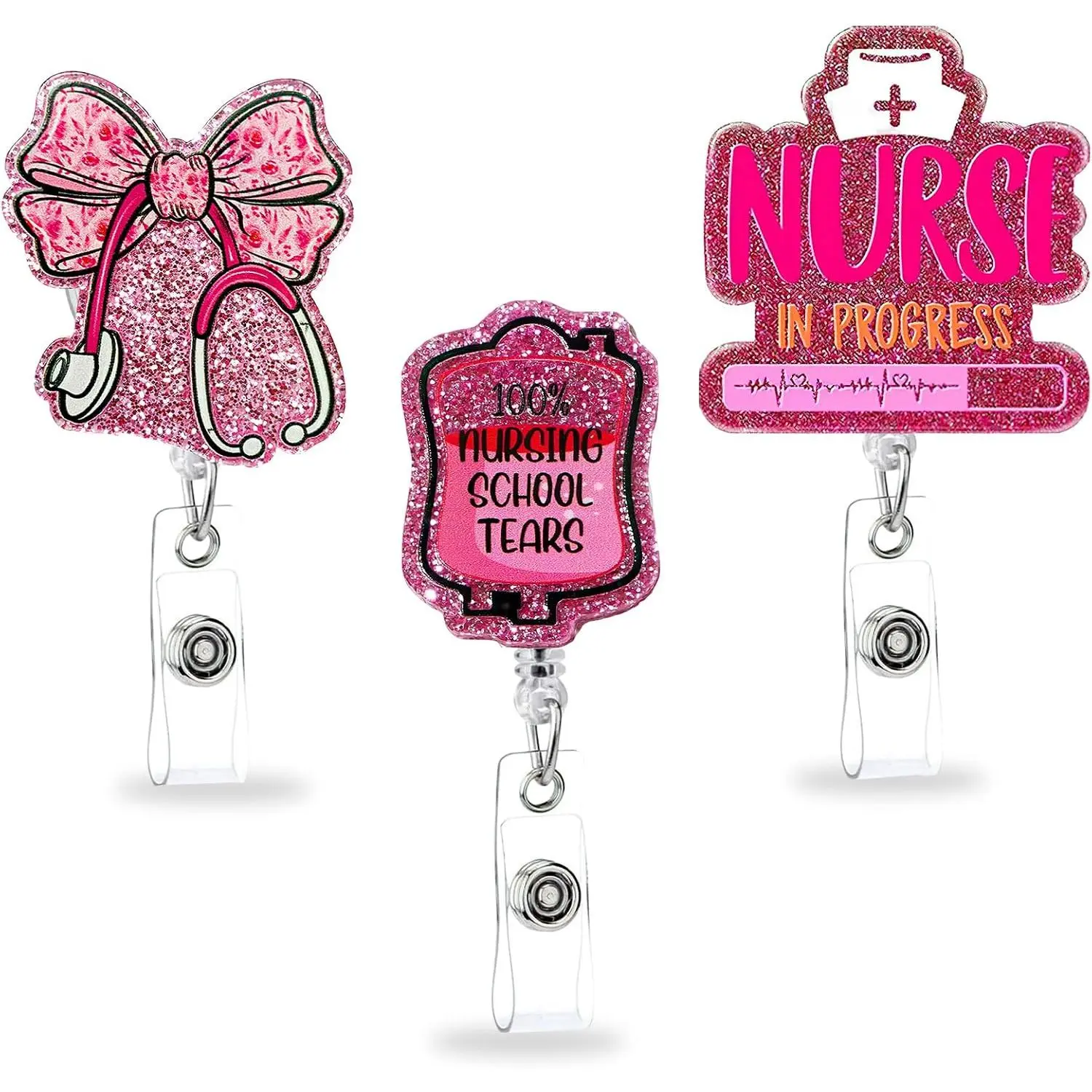 3-Count Synthetic Clip-On Nurse Badge Reels Set - CNA Retractable ID Holder with Glitter Prints (Stethoscopes, Bows, Humorous Quotes), Smooth-Pull Office Identification Accessory