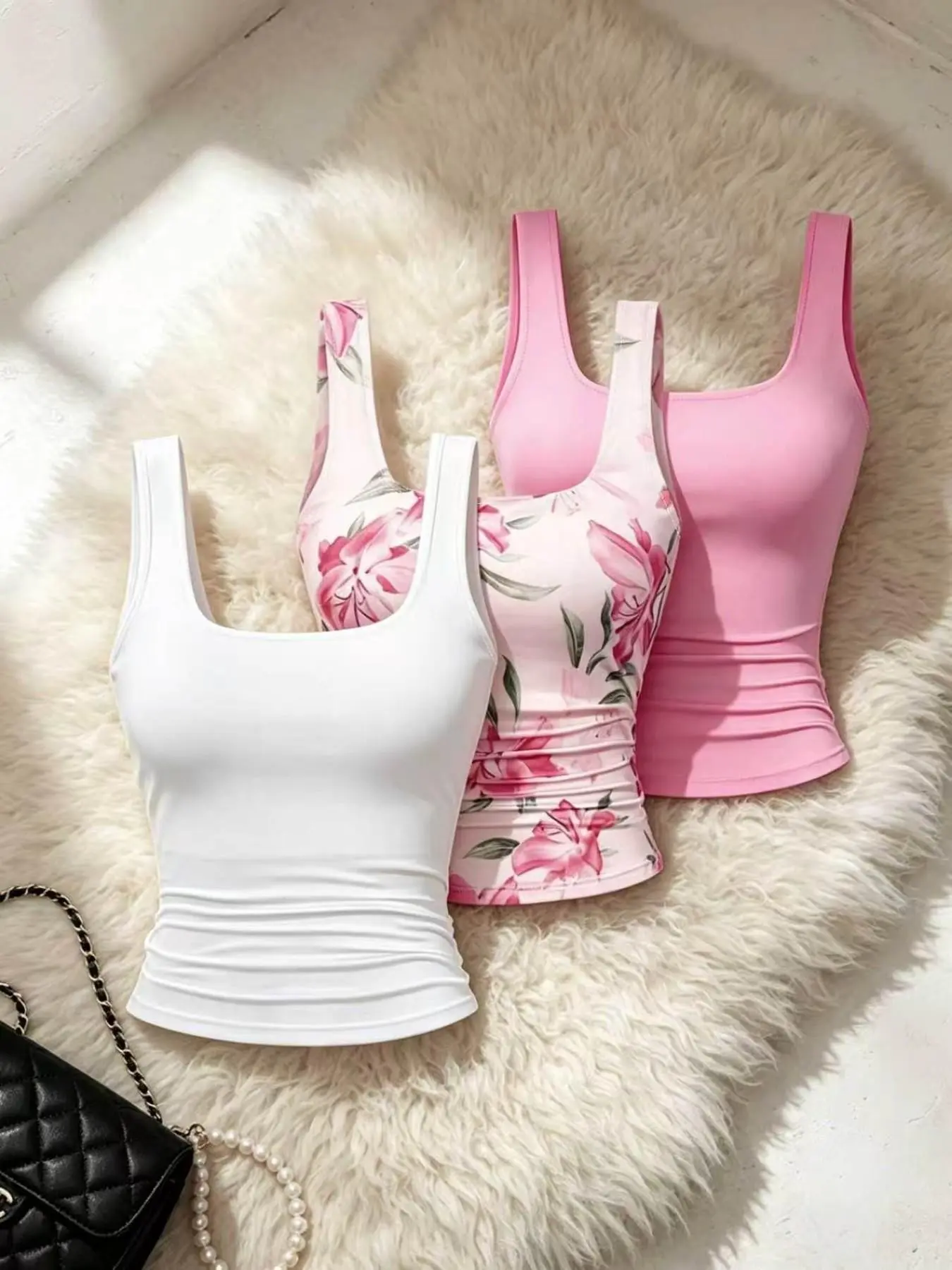 Fresh Gentle Style Square Neck Sleeveless Tank Top, Pleated Waist Design, Multi-Color Floral Basic Set, Three-Piece for Outerwear and Innerwear