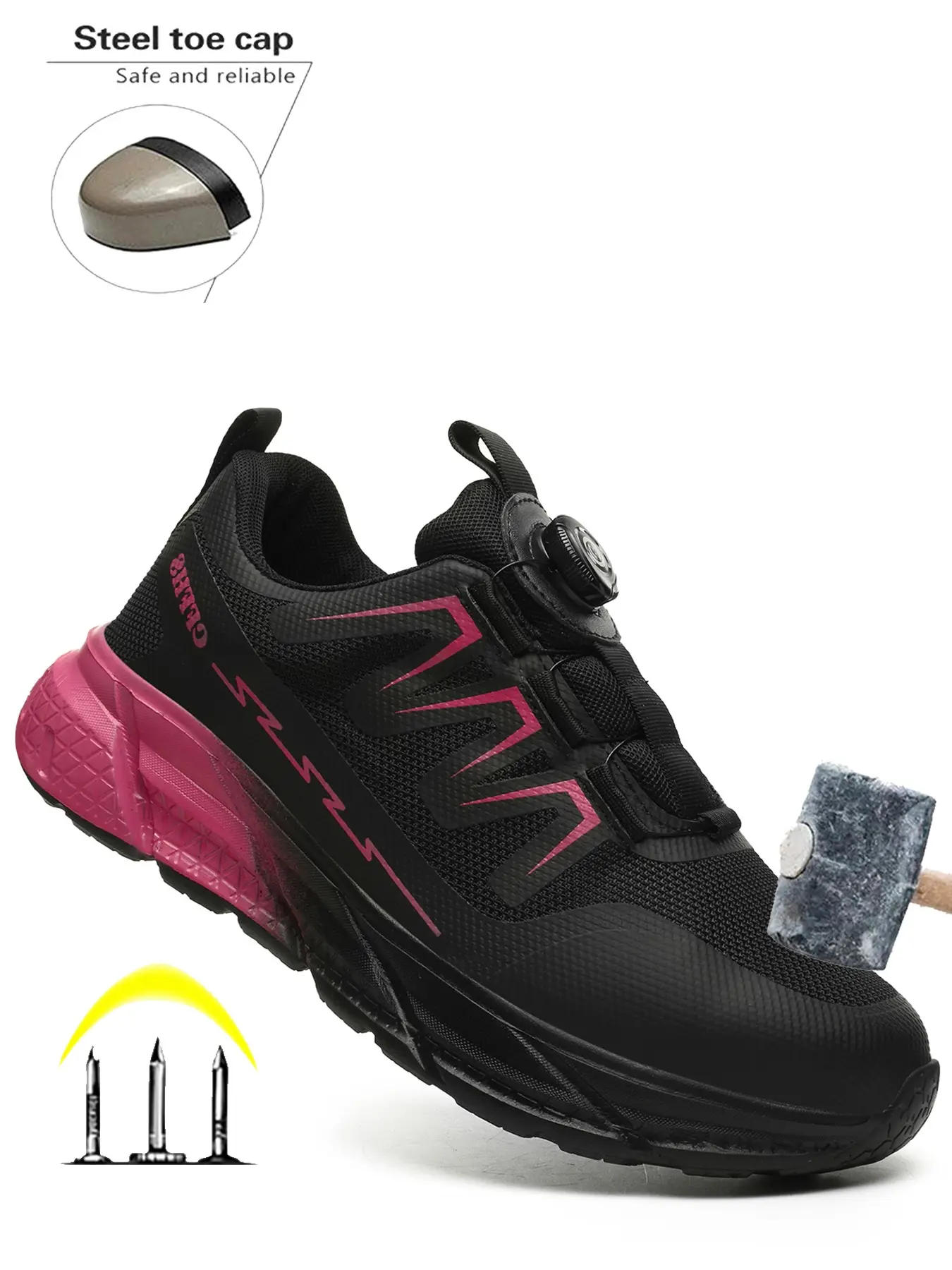 Women's Steel Toe Shoes, Lightweight Safety Walking Shoes, Comfortable Anti-Slip, Rotating Buckle, Piercing & Crush Protection, Fashion Warehouse Work Shoes