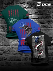 3-Pack American Military Style T-Shirts, Front and Back Print, Star-Spangled Flag Design, Vintage Army Look, Men's Casual Three-Piece Set