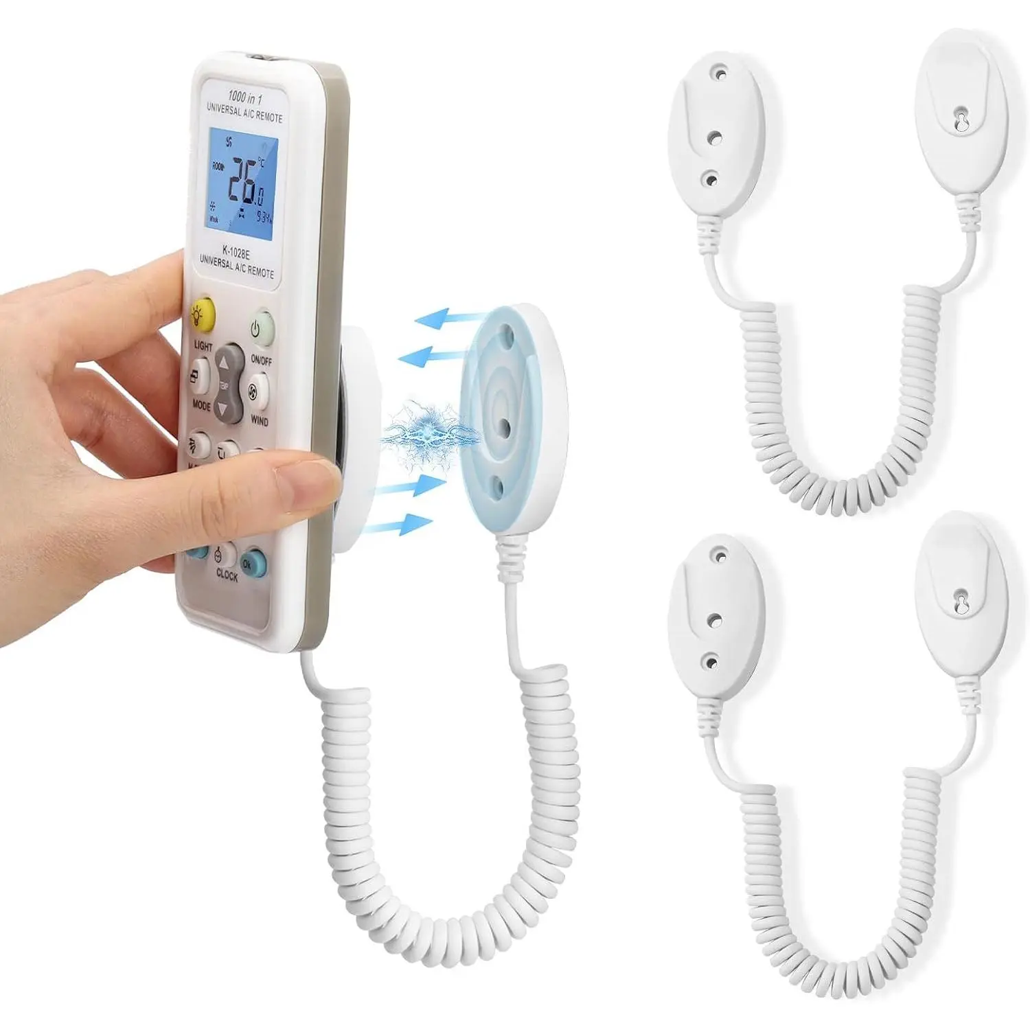 2-Pack Wall Mount Remote Holder Organiser with Smooth Installation, Adhesive, Extendable 43in Spring Ropes, Anti-Loss Rapid Adsorption for Securing Remotes & Small Items (White)