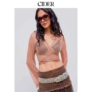 Cider [size 2-26] Metallic V-neck Knotted Crop Long Sleeve Top Dealsforyou