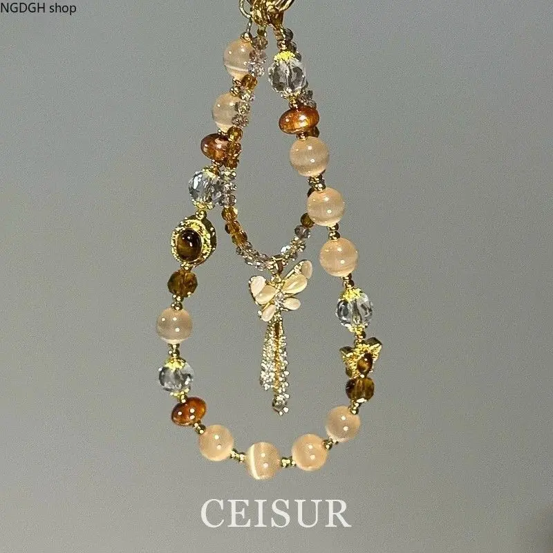 Retro Charm Tiger’s Eye Imitation Stone Pendant Strap, National Style Niche High-End Versatile Mobile Phone Chain & Bag Accessory for Sports & Outdoor Enthusiasts, Smartphone, Mobile Phones, Cell Phone