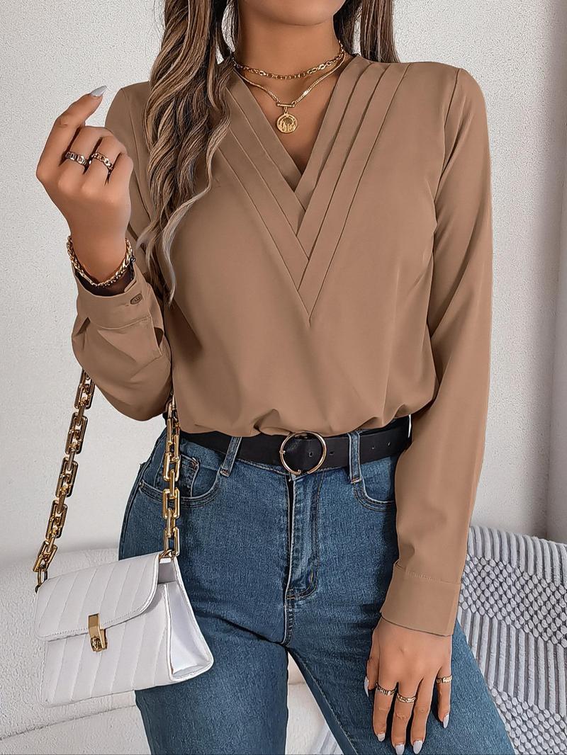 Women's Plain V Neck Blouse Elegant Long Sleeve Shirts Top for Spring & Fall, Ladies Clothes for Daily Wear, Fall Clothing Women, Comfort Womenswear, Going Out Tops, Fall Clothes, Coquette Autumn Clothing, Casual Elegance Chic
