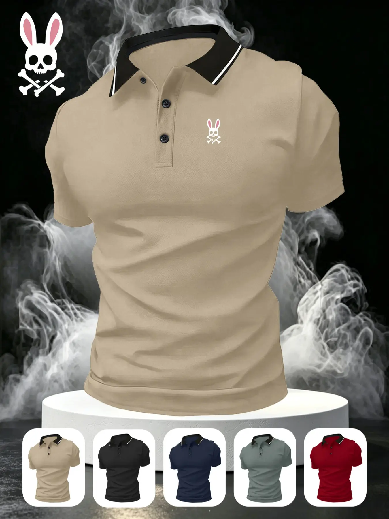 Men's Sporty Short Sleeve Polo Shirt, Athletic Polo, Geometric Print, Breathable Fabric, Durable Stretch, Comfortable Fit, S8-5057 Skull Rabbit Design, Breathable Sports Shirt