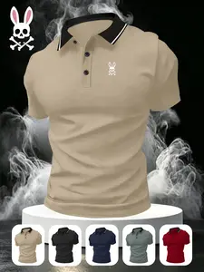 Men's Sporty Short Sleeve Polo Shirt, Athletic Polo, Geometric Print, Breathable Fabric, Durable Stretch, Comfortable Fit, S8-5057 Skull Rabbit Design