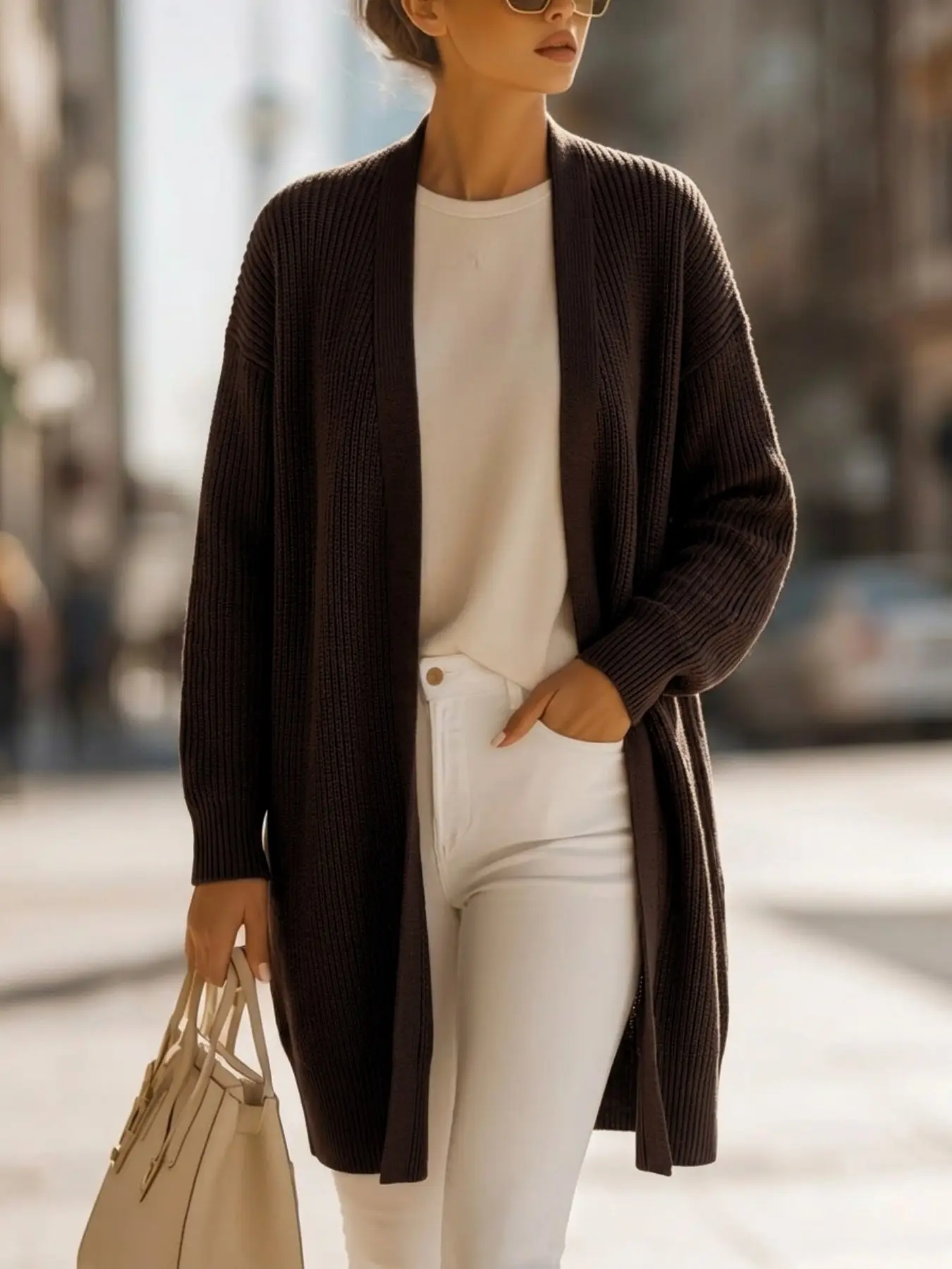 1PC Women's Long Ribbed Knit Duster Cardigan, Open Front Drop Shoulder Long Sleeve Sweater Coat, Dark Brown Loose Warm Knit Cover Up for Fall Office Streetwear