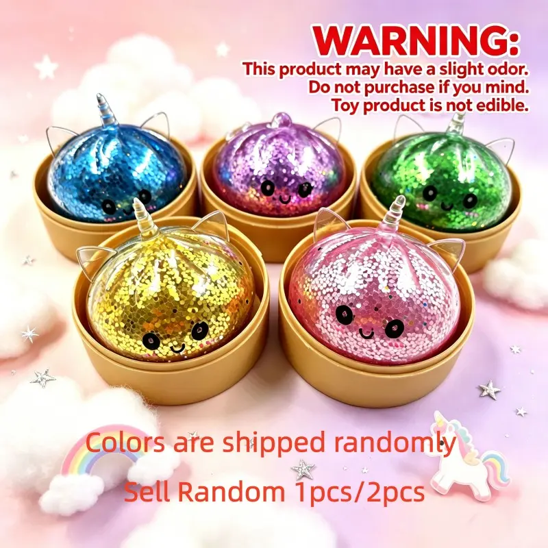 Mini Glitter Unicorn Dumpling Squishy With Steamer Box Squeeze Toy Stress Relief Tools Relieve Stress Anti-Anxiety Funny Gift
