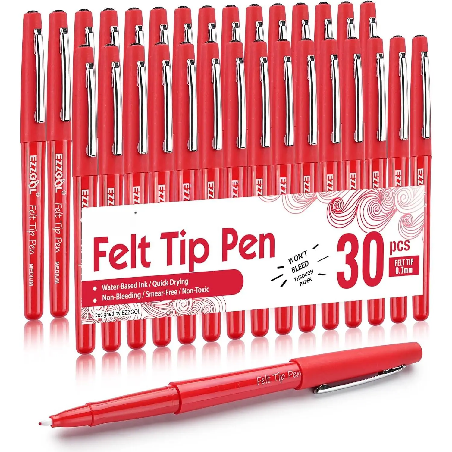 Red Felt Tip Pens, 30 Pack, 0.7mm  Medium Fine Point, Felt Tip Markers For Writing, Journal, Planner Coloring, Note Taking, Drawing, Art, School