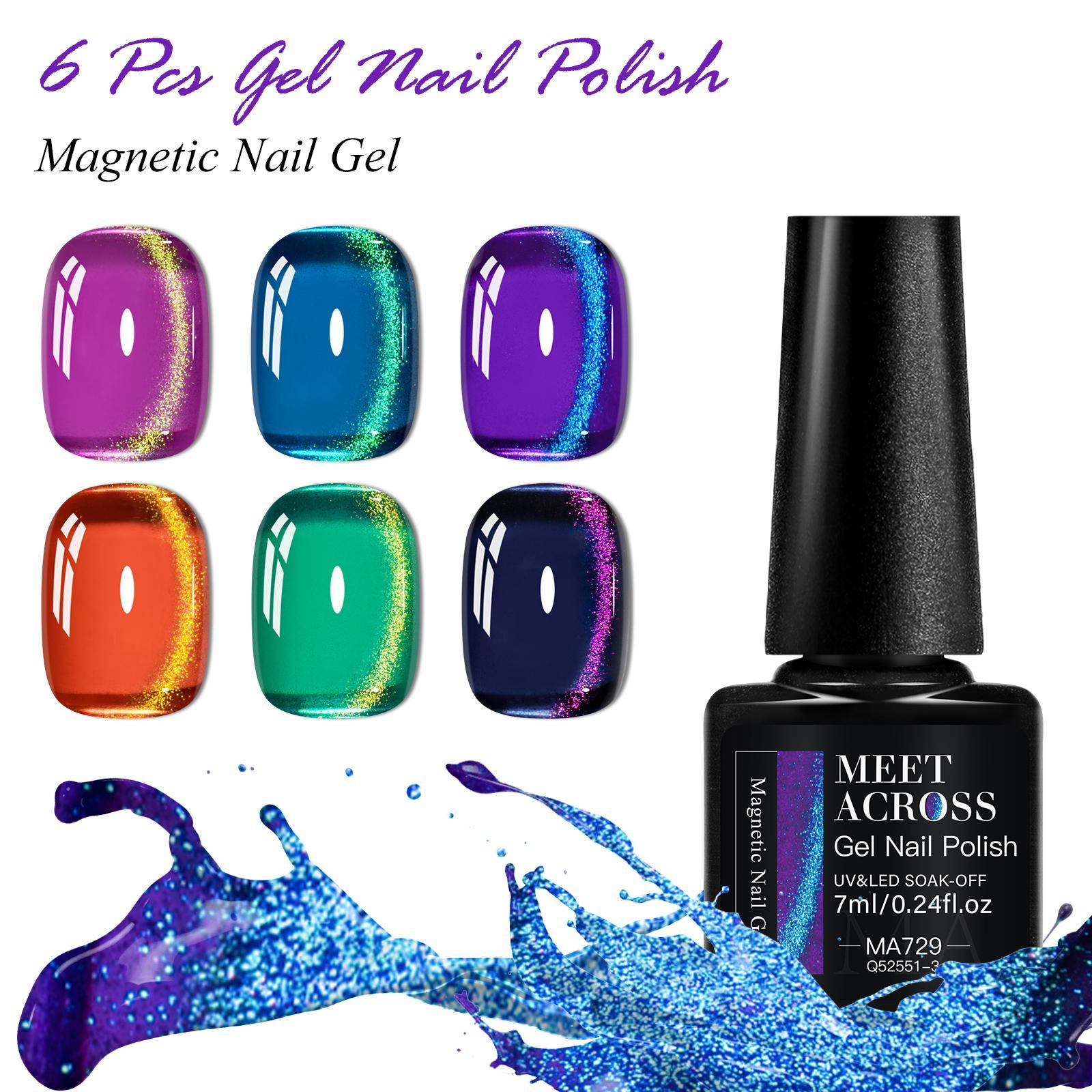 MEET ACROSS 7 Pcs Colorful Gem Cat Eye Gel Nail Polish Set, Super Bright Magnetic Transparent Long-Lasting Soak-Off Gel for Home or Salon UV/LED Nail Art DIY