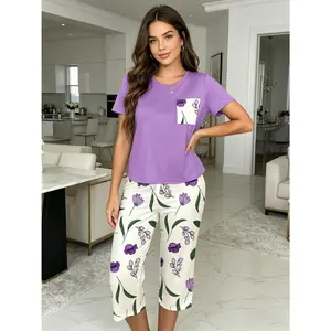 Women Pajama Set 2 Piece Lounge Set, Short Sleeve Top and Capri Pants Outfit, Casual Sleepwear Set for Home Daily Wear