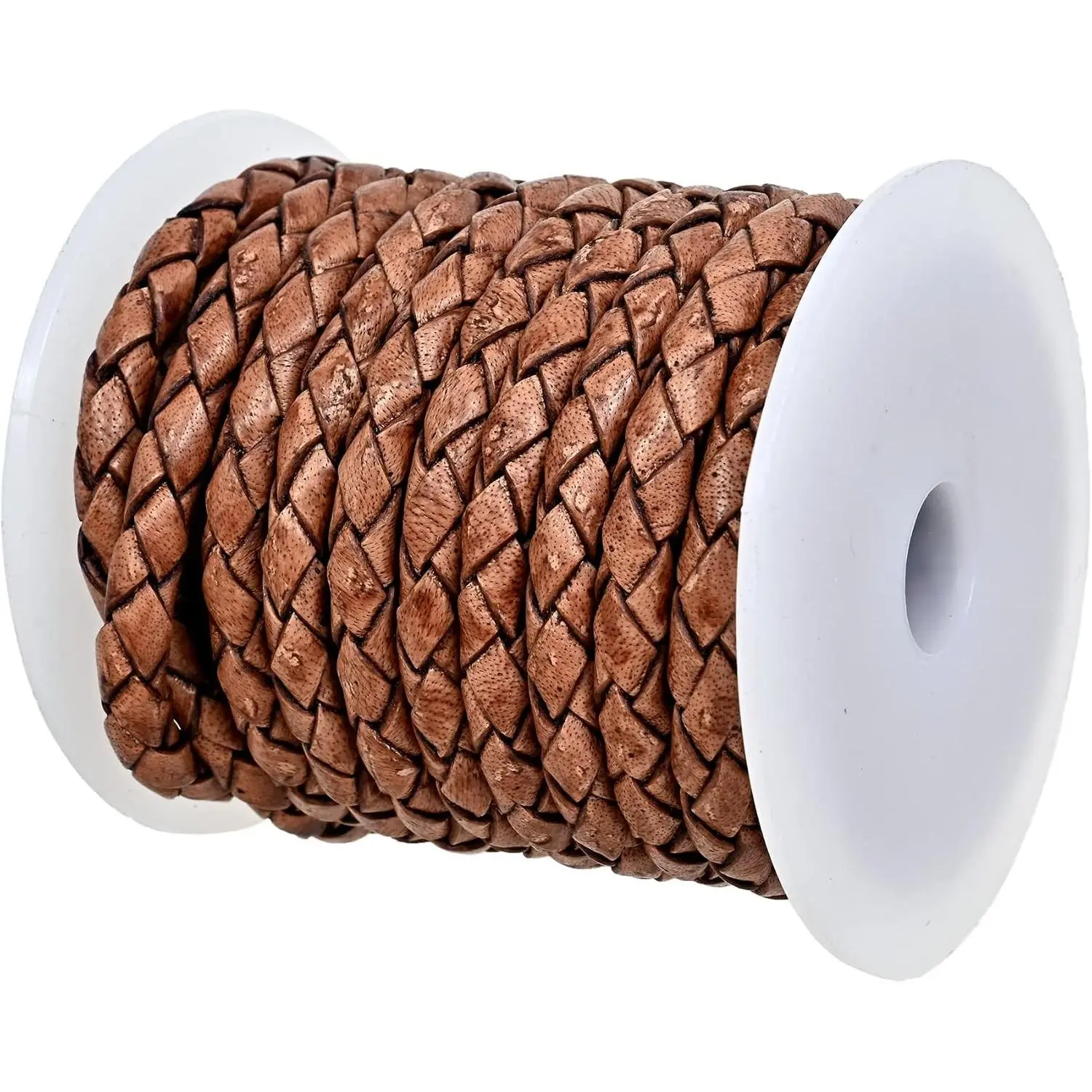 Genuine Round Braided Folded Leather Cord Rope for Crafts Jewelry Making Necklace Bracelet, 5 Metres 5mm Saddle Brown Distressed