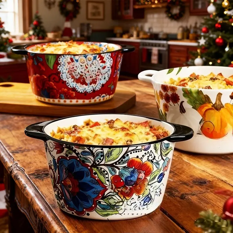 LDQ Hand-Painted Boho Ceramic Bowl with Spoon Included, Decorative Serving Bowl for Soup, Pasta, Noodles and Salad, Microwave & Oven Safe Tableware, Microwave Safe