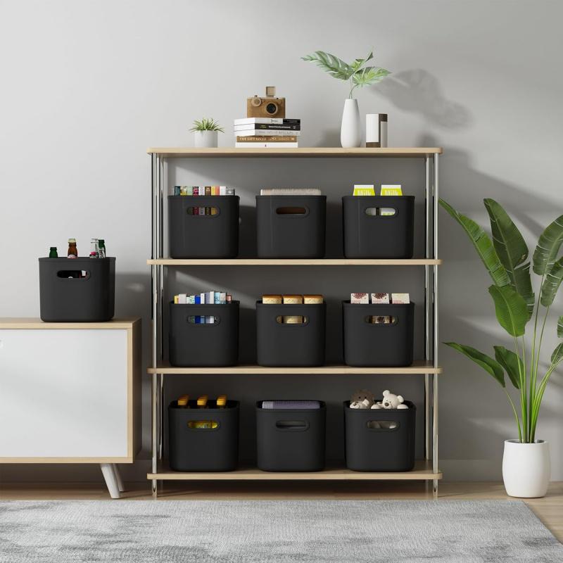 8 Pack Stackable Storage Bins with Lids, Black Plastic Storage Boxes with Handles for Shelves, Organizing Crafts & Snacks (9.8" x 6.9" x 5.7")
