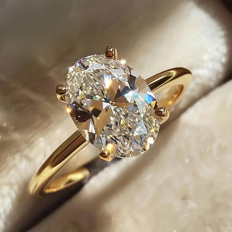 Elegant Oval Ring for Women, 4-Prong Engagement Style Copper Plated Ring, Diamond-Look Party Jewelry engagement rings