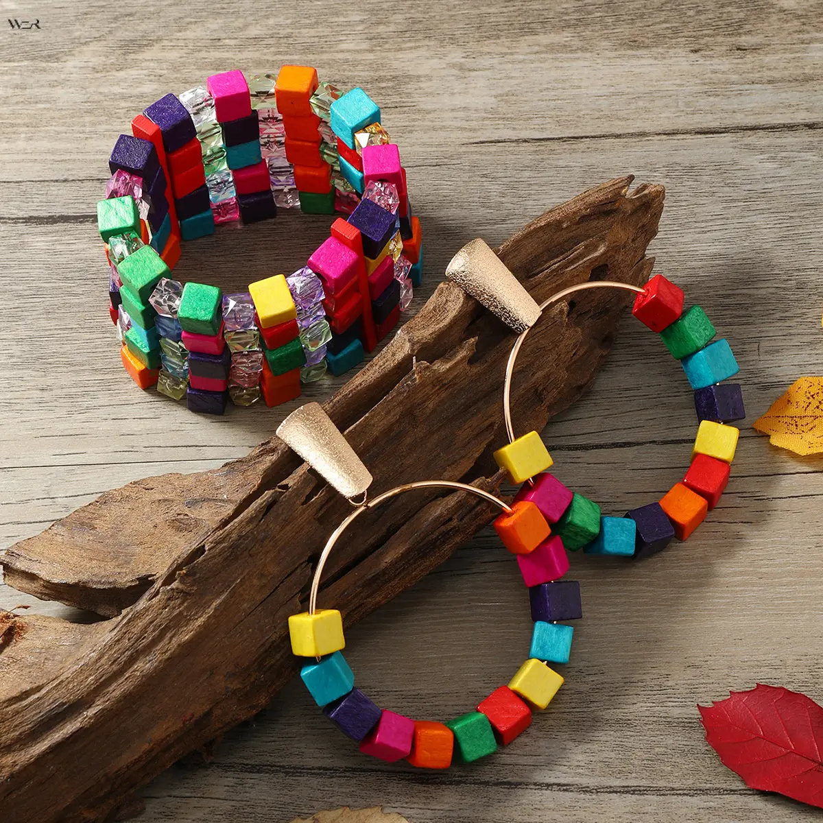 Boho Rainbow Colorful Wooden Bead Jewelry Set for Women, Square Cube Wood Bead Hoop Earrings and Multi‑Layer Stretch Beaded Bracelet, Vibrant Multicolor Summer Beach Party Statement Jewelry Kit