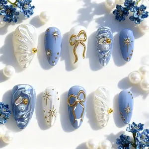 24pcs Sea Salt Blue Bow False Nails, Elegant Almond Shape, Shell Texture, Starburst, Pearl Inlay, Removable, Wedding Ready