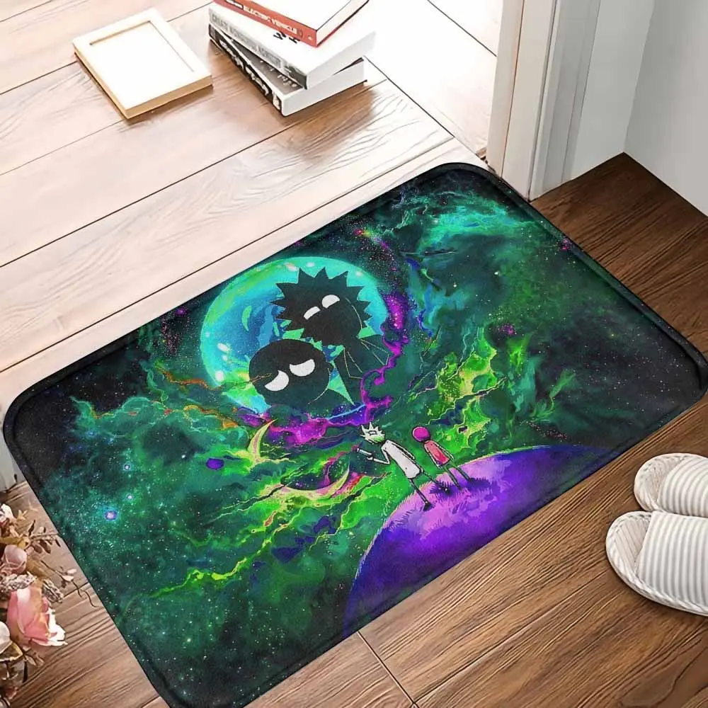 Rick and Morty Space Theme Flannel Galaxy Rug - Oval Shape, Green Nebula Silhouette Sci-Fi Cartoon Print, Trippy Space Art, Non-Slip Rubber-Backed, Water Resistant, All Seasons Household Carpet for Gamer Room, Home Interiors Decor Gift by summerwins, Bath
