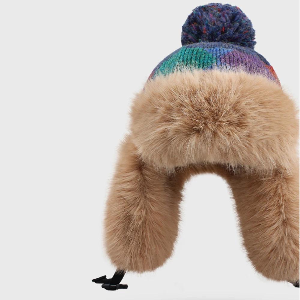 HT4914 New Autumn Winter Hat for Women Russian Hat Ladies Thick Warm Knitted Hat Fluffy Fur Colored Snow SKi Earflap Cap Ushanka