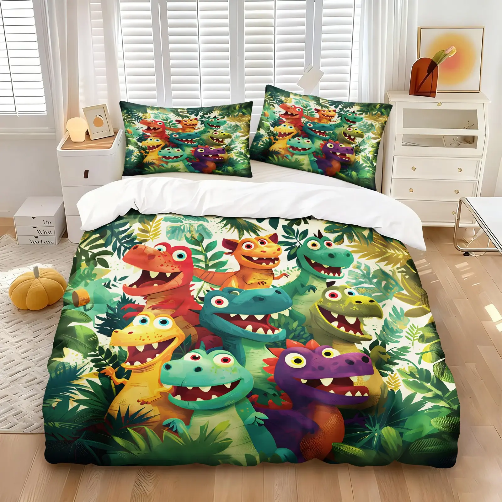 Wildlife Tropical Plant Print Duvet Cover Set, Include 1 Comforter Cover and 1/2 Pillowcases, Lovely Multicolor Cartoon Dinosaur Pattern Breathable Quilt Cover, Machine Washable Bedroom Decoration for Kids & Adults, Soft and Comfortable