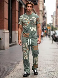 City Pulse Olive Men’s Tracksuit, Comfy Elastic Streetwear 2-Piece Outfit, Urban Tribe Graphic Tee & Pants, Casual Urban Outfit