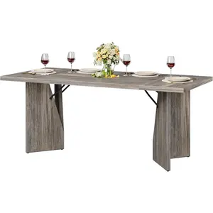 70.9 in Dining Table for 6, Farmhouse Rectangular Kichen Table with Sturdy Frame and V Leg, Wooden Thickened Long Desk and Dinner Desk for Dining Room, Kitchen, Office, Game Room