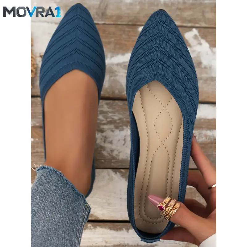 MOVRA1 Women Pointed Toe Knit Flat Shoes, Breathable Stretch On, Casual Daily Walking Ballet Flats, Ballerina Flats Shoes, All Seasons, Upper, Rubber Sole, Footwear