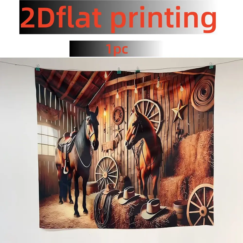 Western cowboy style background cloth, Western Backdrop, haystack and horse print decorative wall cloth, suitable for retro farm theme parties, country studio photography background hanging cloth, polyester material, multiple sizes available