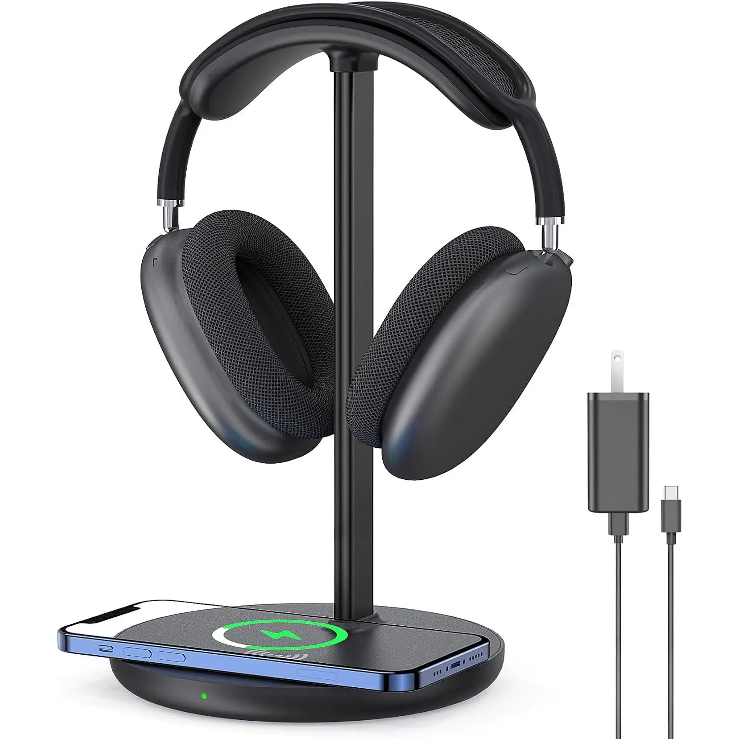 Headphone Stand with  Charger, Gaming Headset Holder Hanger Rack 2 IN 1   Station Dock for  15/14/13/12/11 Series, , AirPods Pro/3/2 and Desk  Headphones, Black