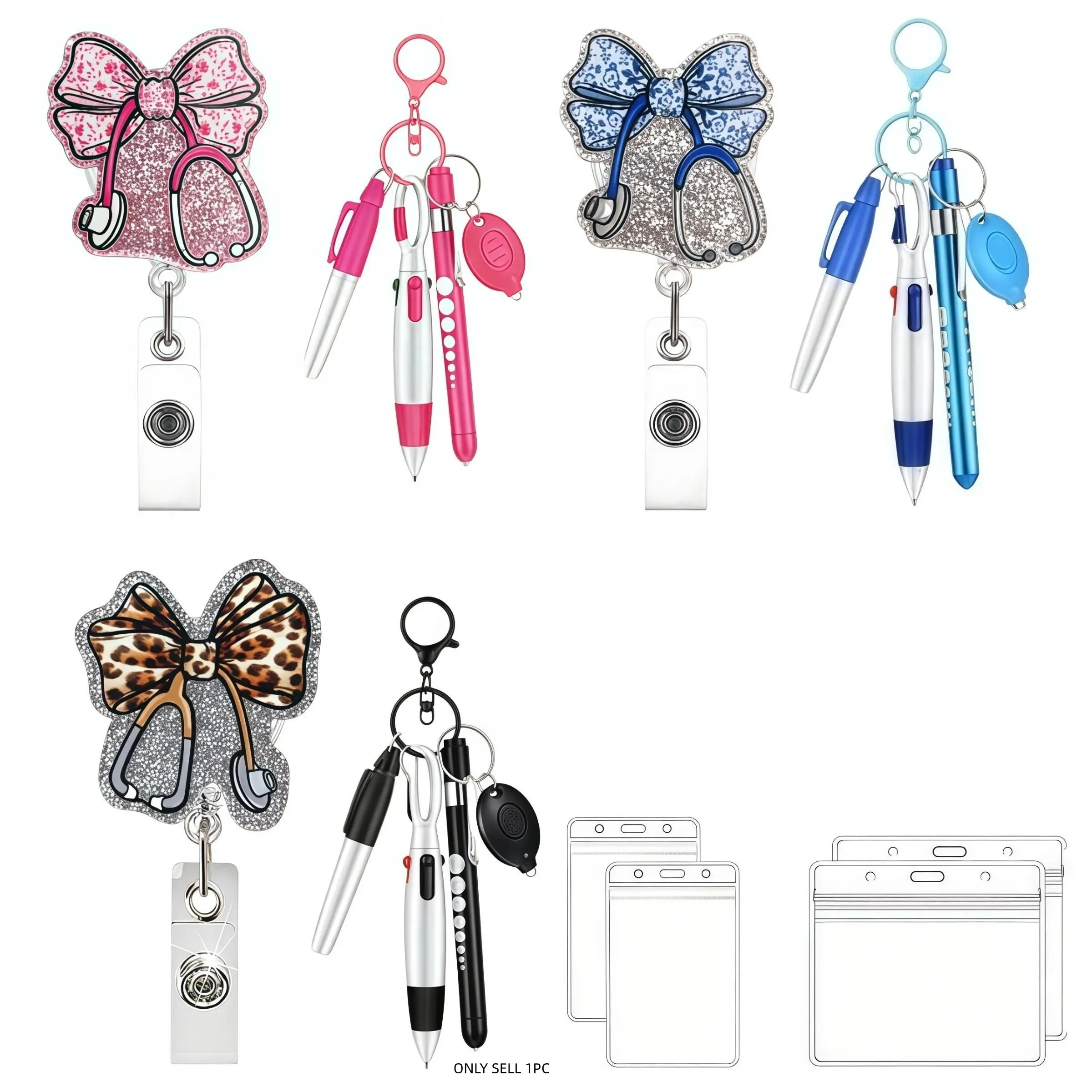 Creative Bow Stethoscope Badge Clip, Retractable Design, Includes Pen, Marker, Eld Light, Waterproof Card Set, Fashion Accessory for Nursing Schools, Retractable Badge Holder