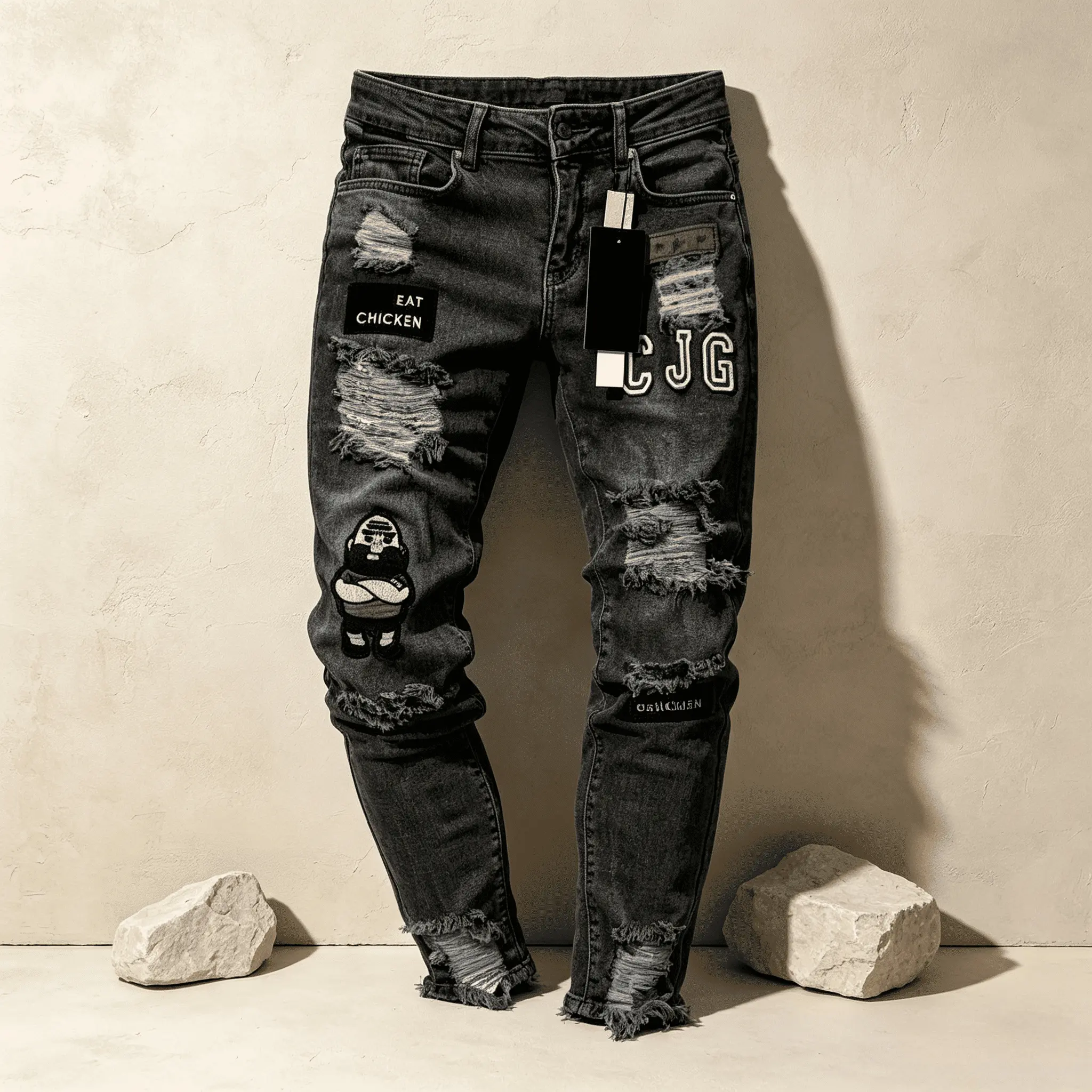 Men's Graphic Streetwear Jeans - Slim-Fit Ripped and Distressed Menswear Denim with Patches and Zipper Pockets, Ripped Holes Jeans, Mens Clothing, Casual Wear, Woven Fabric, Letters, Distressed Patch