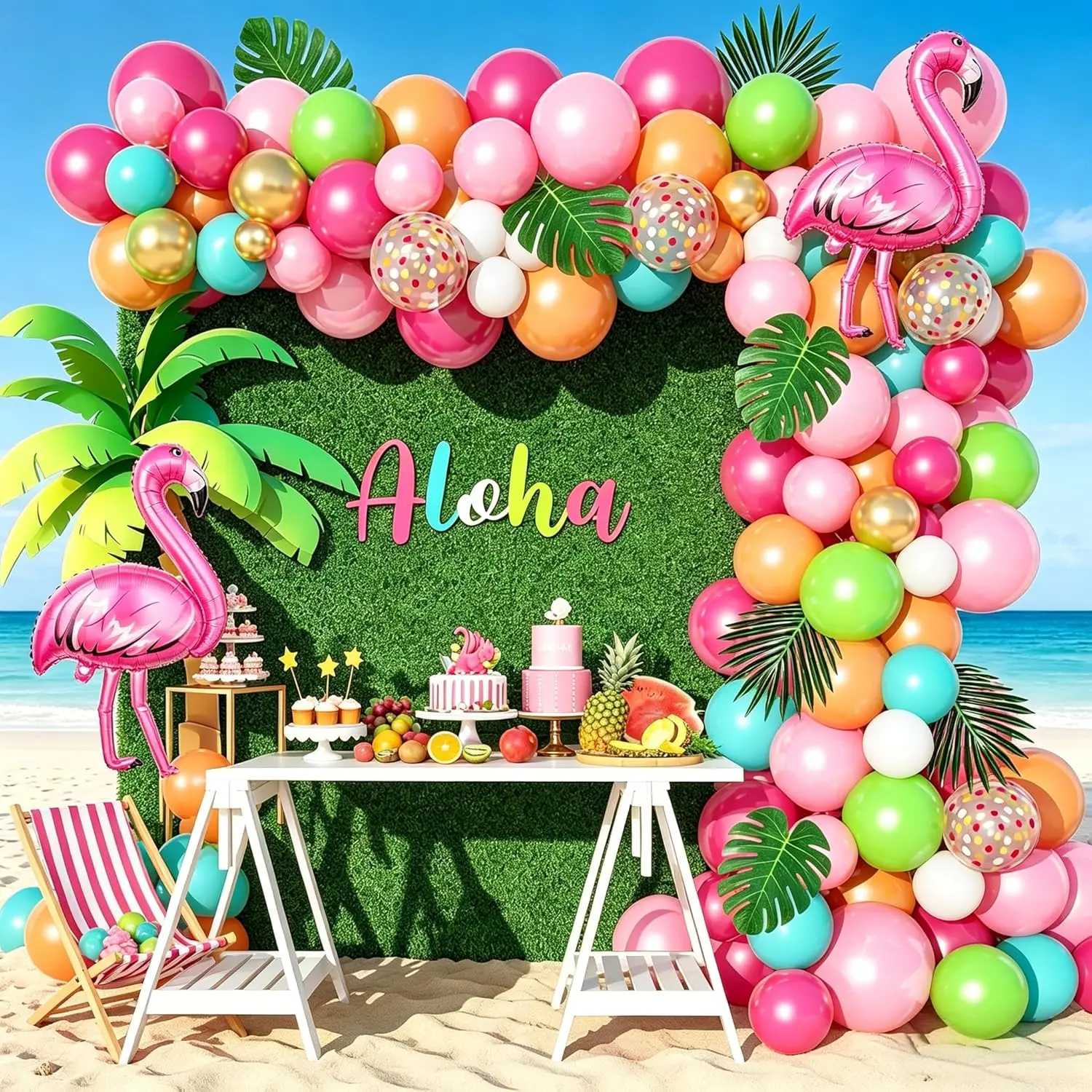 136-Pack Thick Tropical Balloon Arch Garland Kit - Flamingo Luau Themed Aqua, Hot Pink, Fruit Green, Blue, 40pcs 5in Pearly Light Pink/Rose Gold/White Pieces & Palm Leaves for Hawaiian Summer Party Arch Shape Balloon Decor