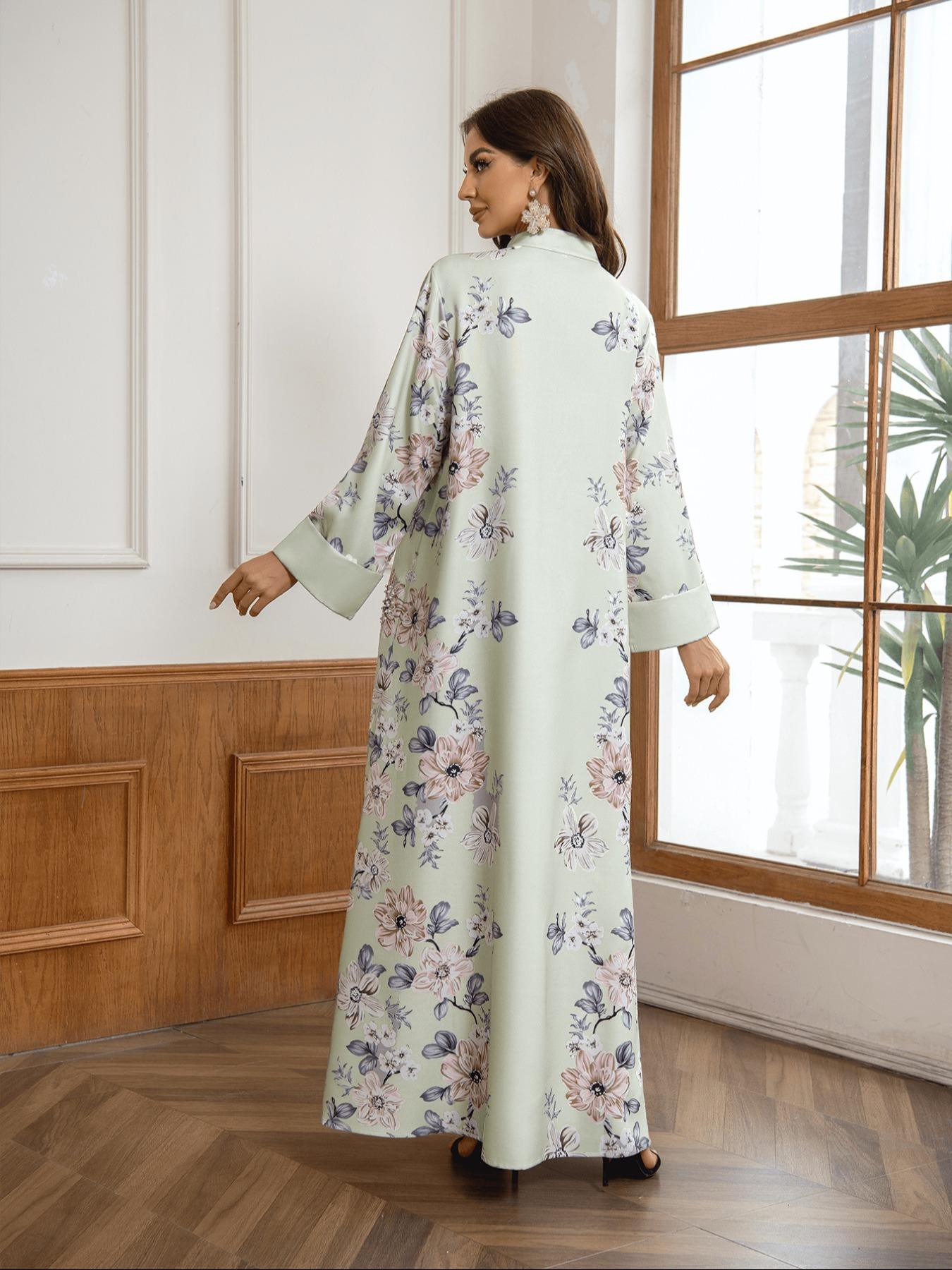 Women's Floral Print Long Sleeve Kaftan Dress, Elegant Fashion Casual Modest Style Dress for Daily Outdoor Wear, Women's Islamic Clothing for All Seasons, Classy Modest Dresses, Modestdresses
