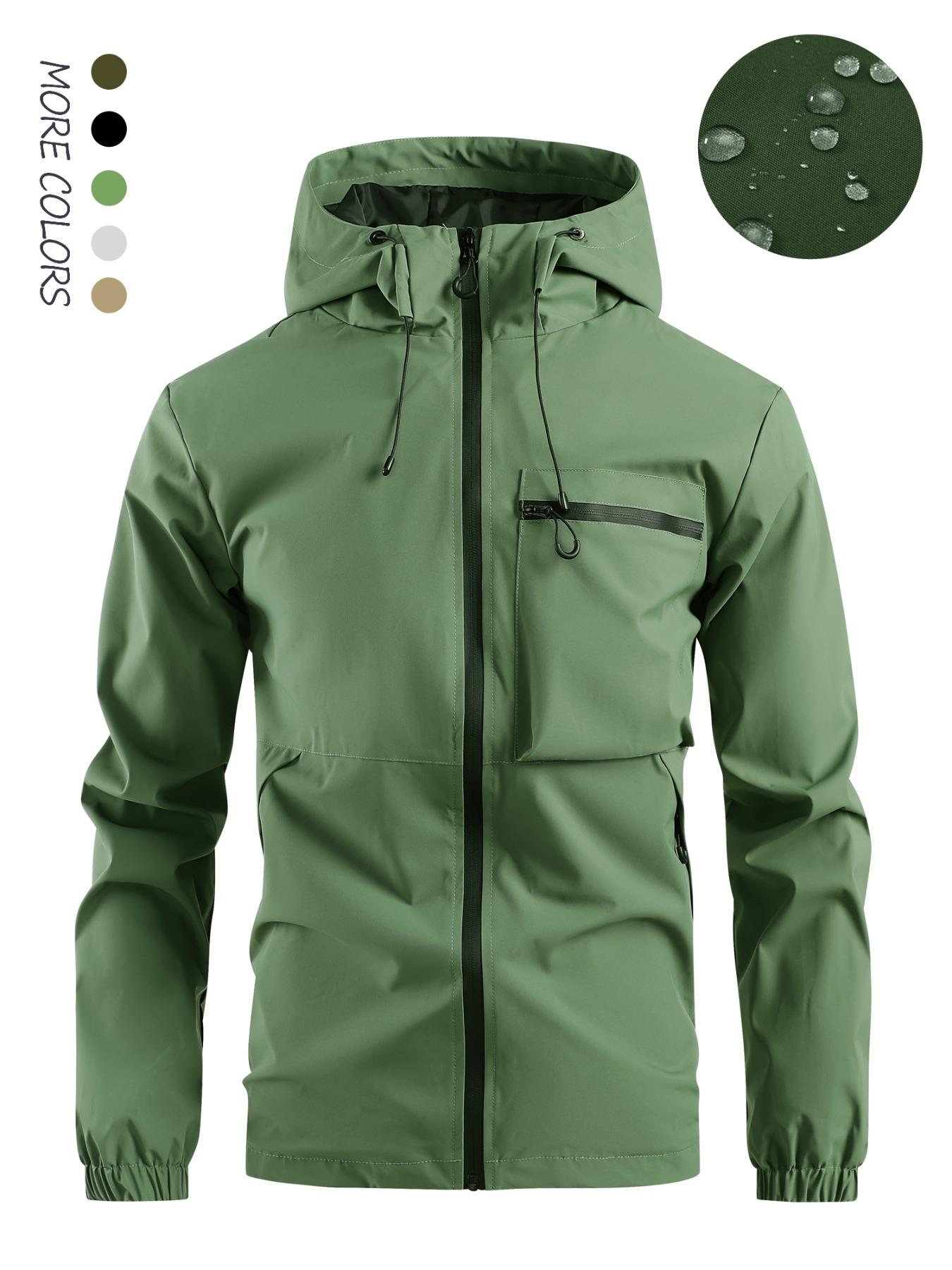 Men's Solid Pocket Drawstring Zip Up Hooded Waterproof Jacket, Regular Fit Casual Long Sleeve Windproof Jacket for Fall & Winter, Men's Clothing Jackets, Men's Outerwear for Outdoor Activities Technical Jacket, Jackets for Men Coats