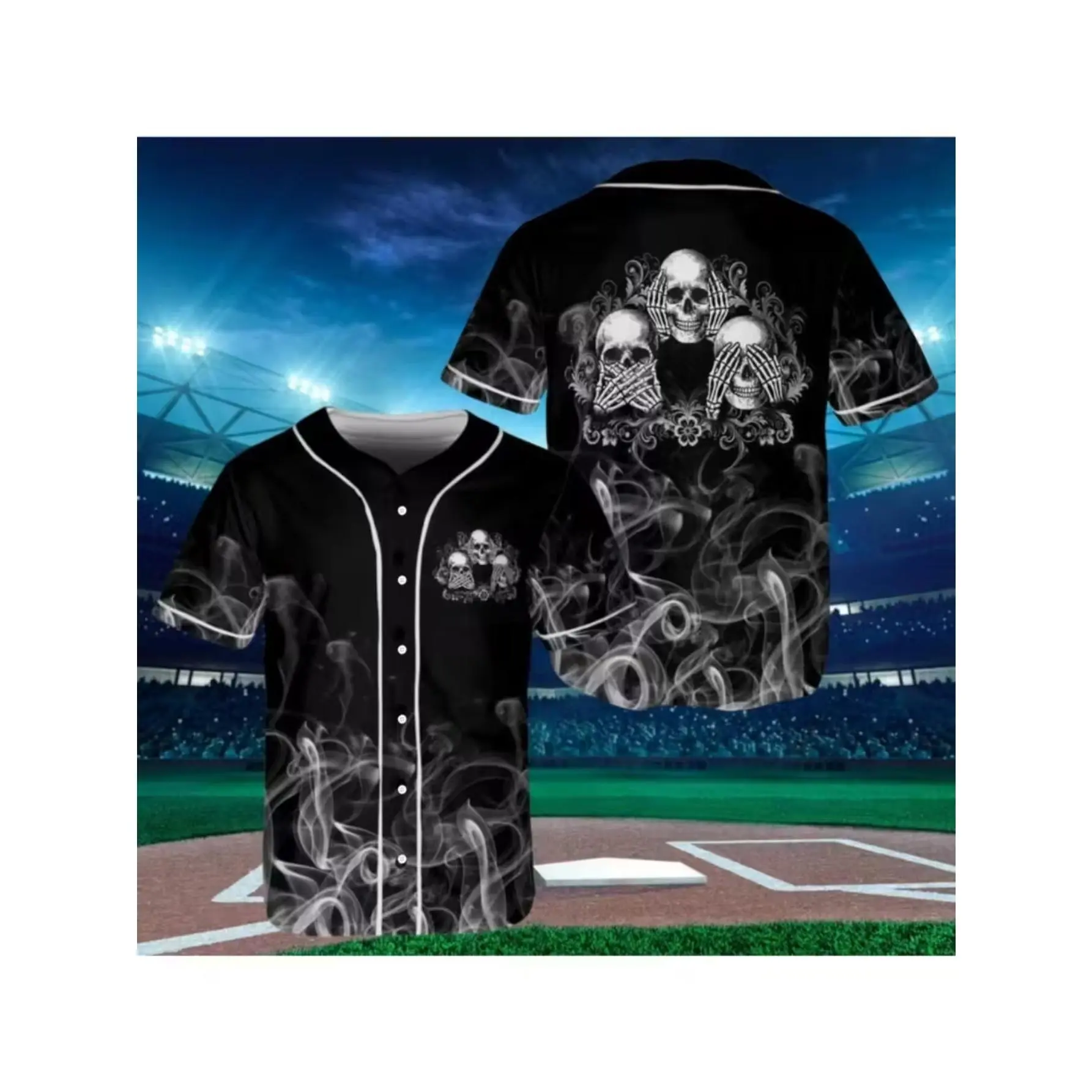 Gothic Skull and Bat Baseball Jersey - Halloween Matching Gothic Costume, for Casual and Baseball Games - Machine Washable Button- Jersey