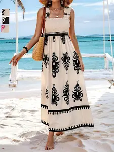 Summer New Arrival Women's Beach Dress, Fashionable Outerwear, Vacation Style Plant Print Wrap Top Dress, Stylish Summer for Ladies Sleeveless