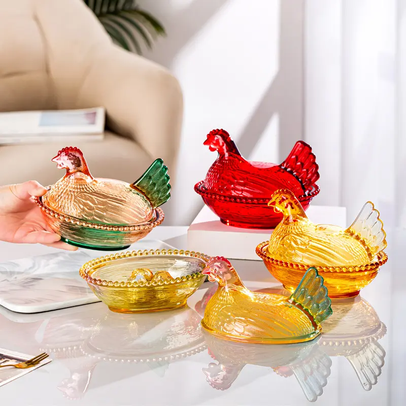 PABHAN Lovely candy-colored chicken crystal glass storage jar with lid and place mat - Perfect for table and desk decoration - Perfect for candy, snacks, jewelry or table decoration, storage supplies, kitchen accessories - home storage, Thanksgiving gifts