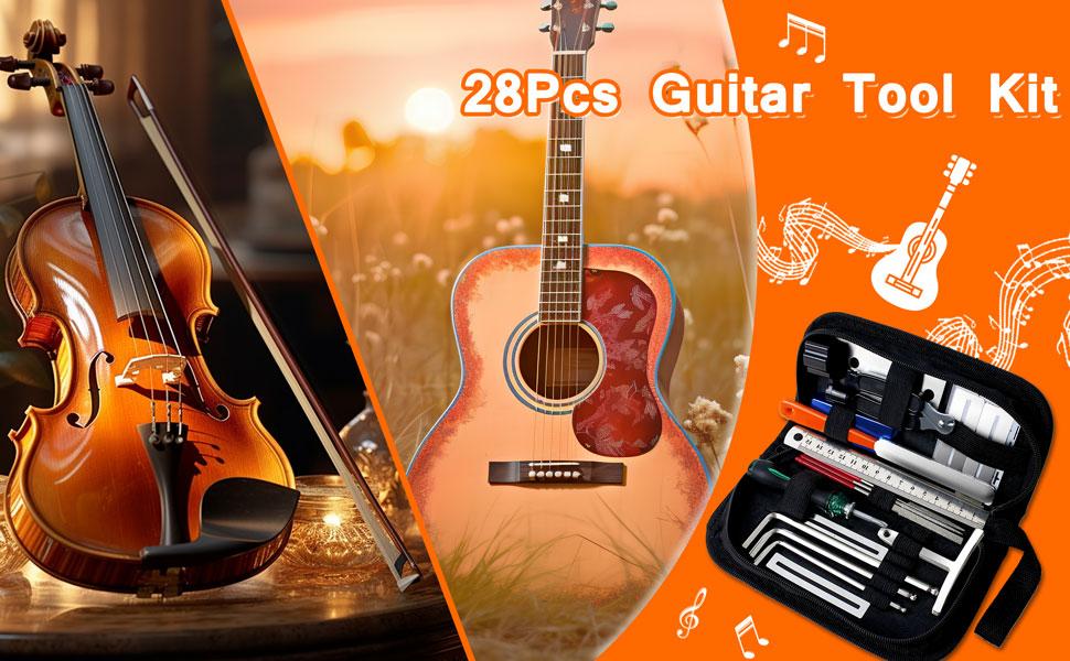 28 count Guitar Tool Kit, Guitar Accessories Gifts for Men, Guitar Maintenance Kit with Carry Bag, Guitar Repair Kit for Acoustic Electric Guitar Ukulele Bass Banjo, Guitar Setup Kit Guitar Gifts