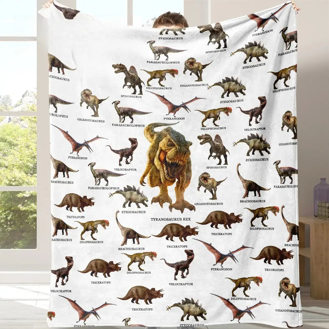 Dinosaur Print Cozy Flannel Throw Blanket - Scientific Paleontology Graphic Fleece Bedding for Kids Room, Office, Travel & Home Decor Gifts